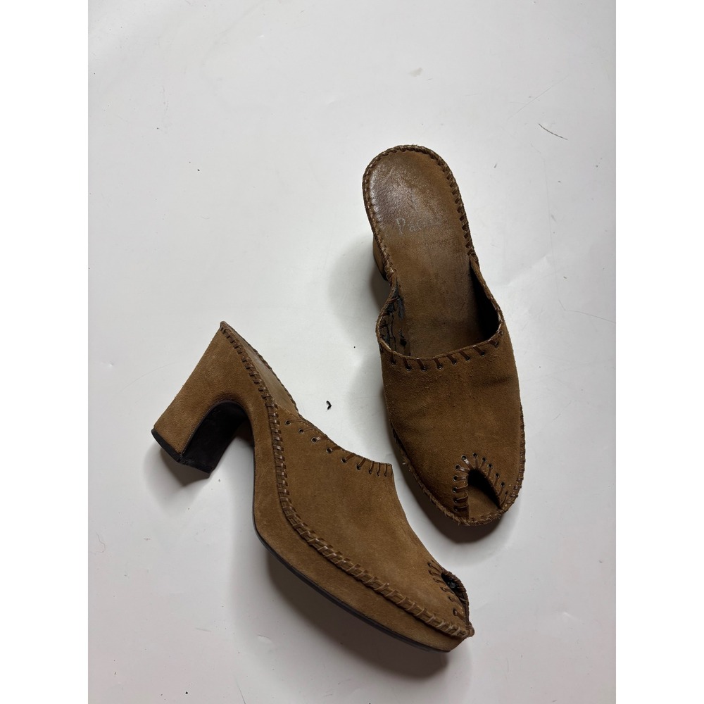 Paolo Womens 6.5 Western Suede Whipstitch Peep Toe Mules Block Heel Sandals